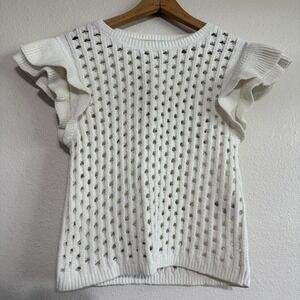 DKNY Jeans Baby Chenille Pointelle Sweater Women XS Ivory Rib Flutter-Sleeve NWT
